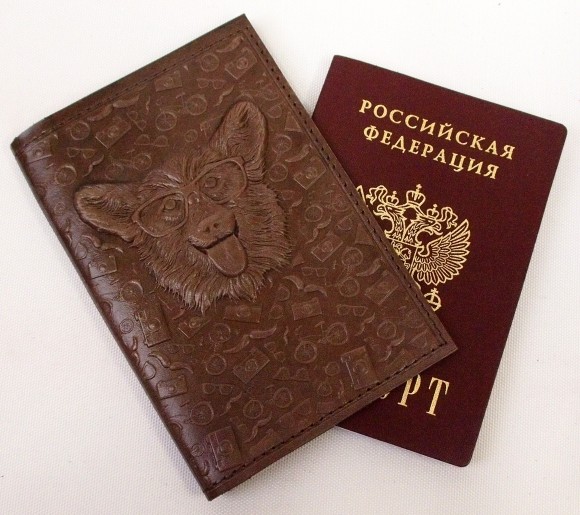 Купить оптом Обложка для паспорта "Хипстер Корги" кожа (3D) цвет коричневый