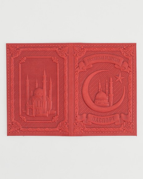Купить оптом Обложка для паспорта "Полумесяц и Мечеть Кул-Шариф" кожа (3D) цвет красный